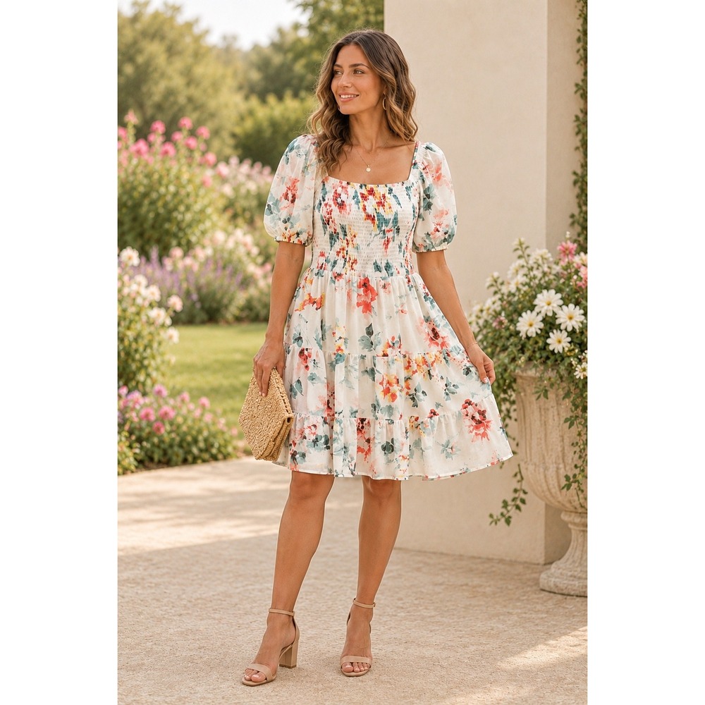 ODDI Floral Chiffon Tiered‎ Midi Dress L Puff Sleeve Boho Milkmaid Garden Party
